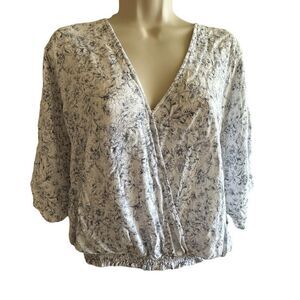 Mahina ~ White and Blue Floral cropped top ~ smocking hem detail ~ Dolan sleeve